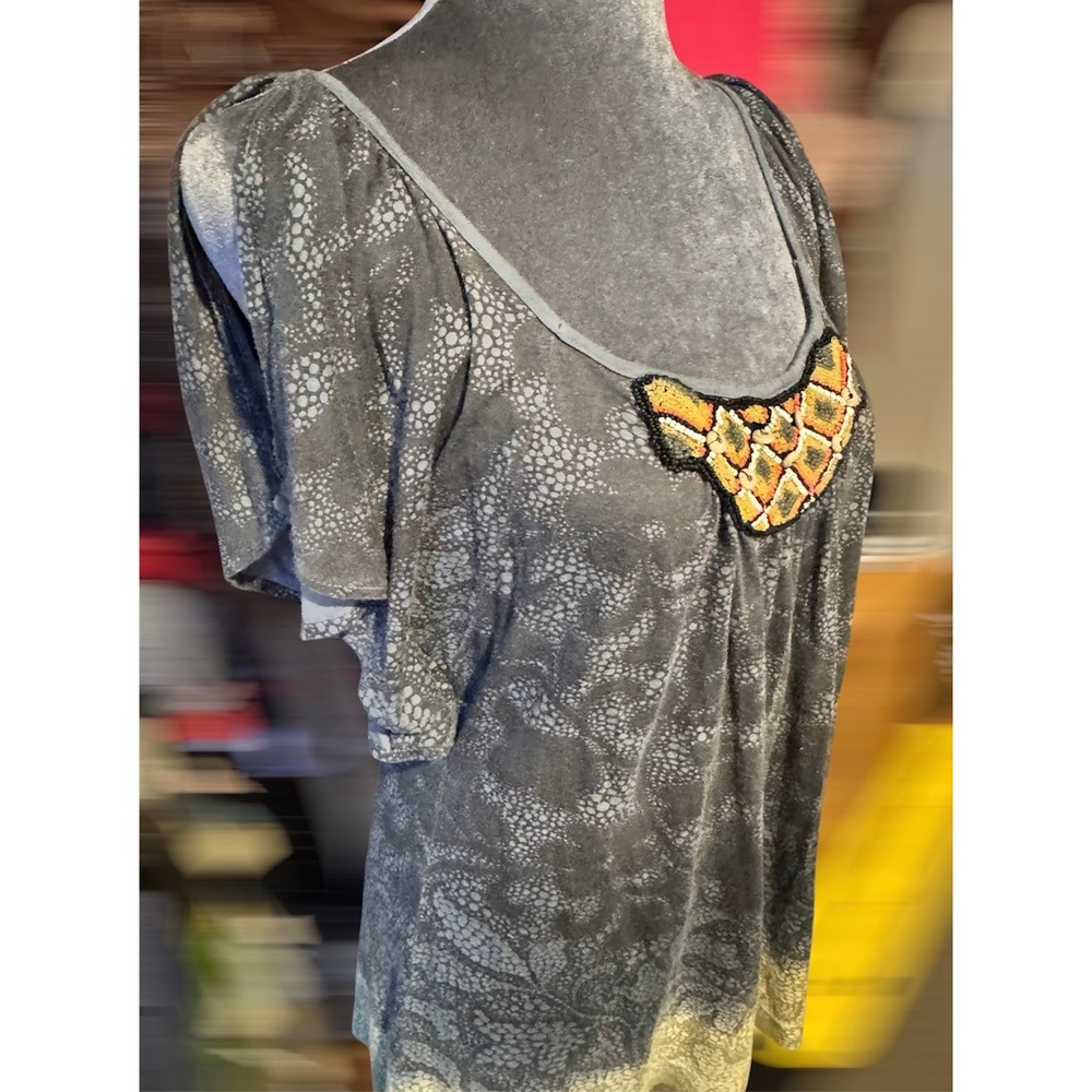 Language LA Boho Beaded Tunic Top Ombre Mineral Gray Green Small Overszed